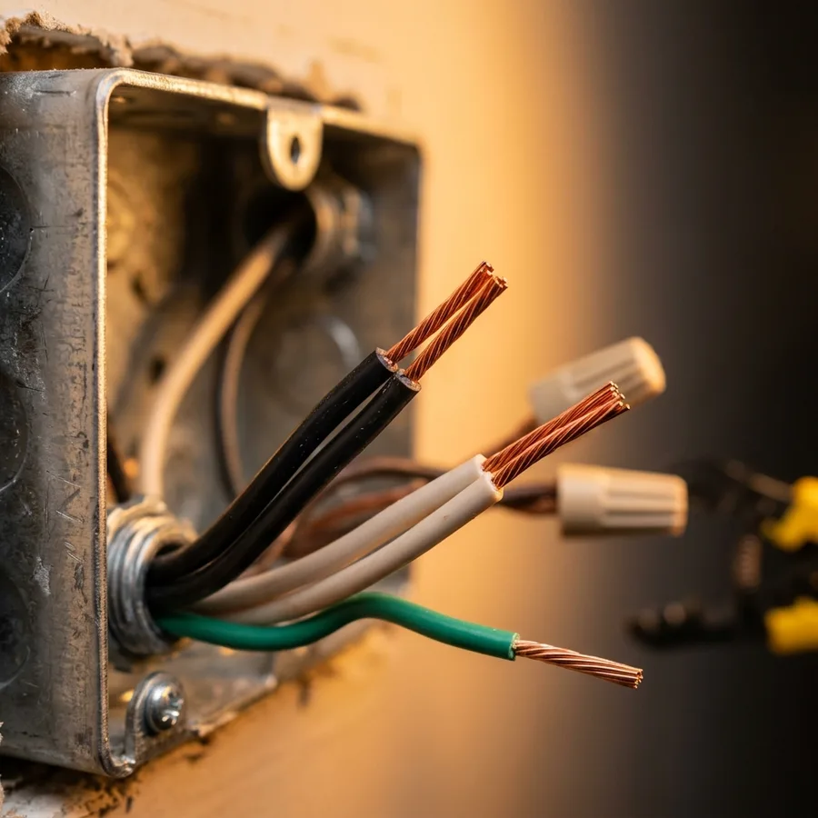 close-up of copper wire ends stripped and ready for connection inside a residential junction box, warm amber work-light, shallow depth of field