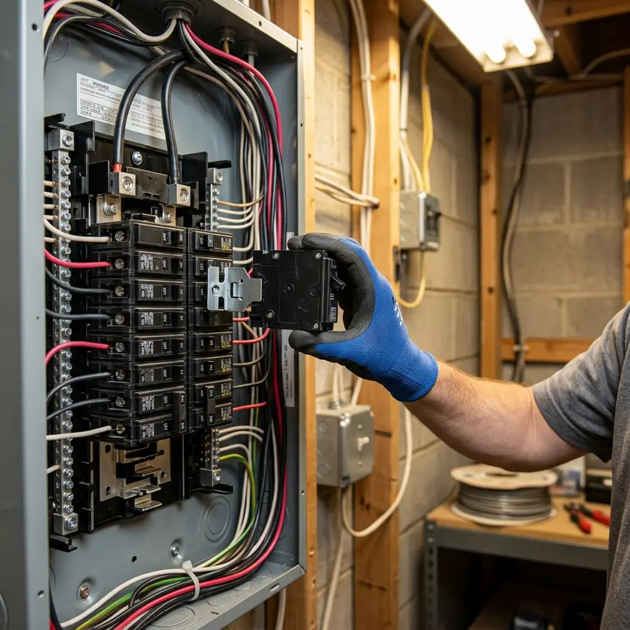 electrician's hand holding a circuit breaker being installed into a residential panel, focused on the breaker clip, utility room background
