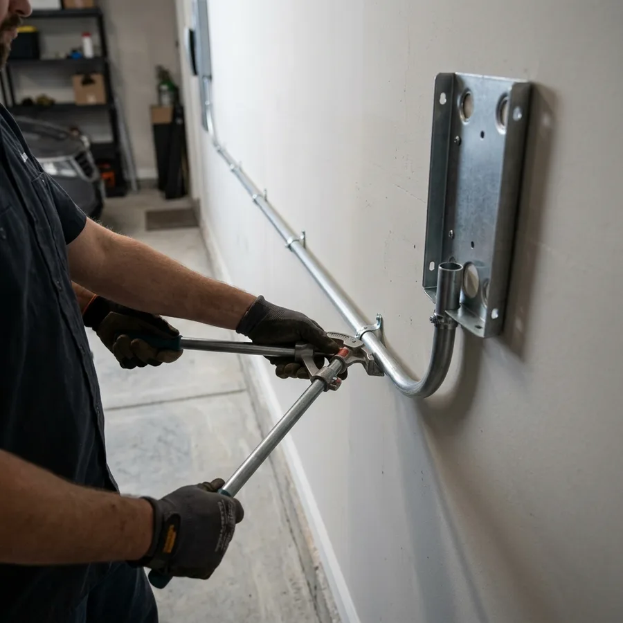conduit being run along a garage wall toward a Level 2 EV charger mounting plate, electrician's hands holding conduit bender, clean garage interior