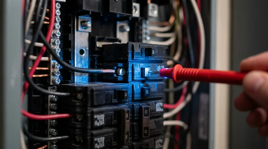 close-up of a multimeter probe touching a circuit breaker terminal inside an open residential panel, cool blue diagnostic light, shallow depth of field