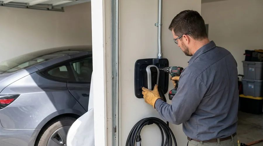 level 2 EV charger being mounted to a garage wall, conduit run visible, residential garage with a car partially in frame, natural daylight