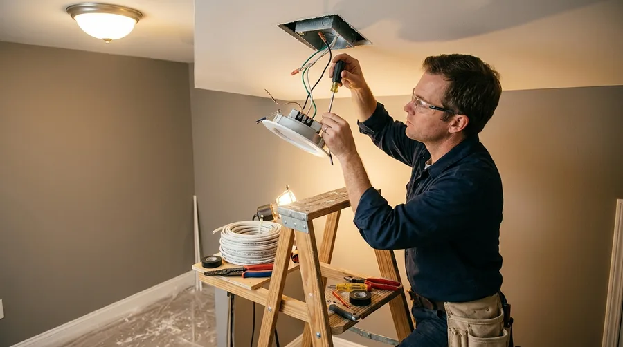electrician wiring a recessed LED fixture into a ceiling junction box, warm interior light spilling into a freshly painted room, tools on a nearby ladder shelf