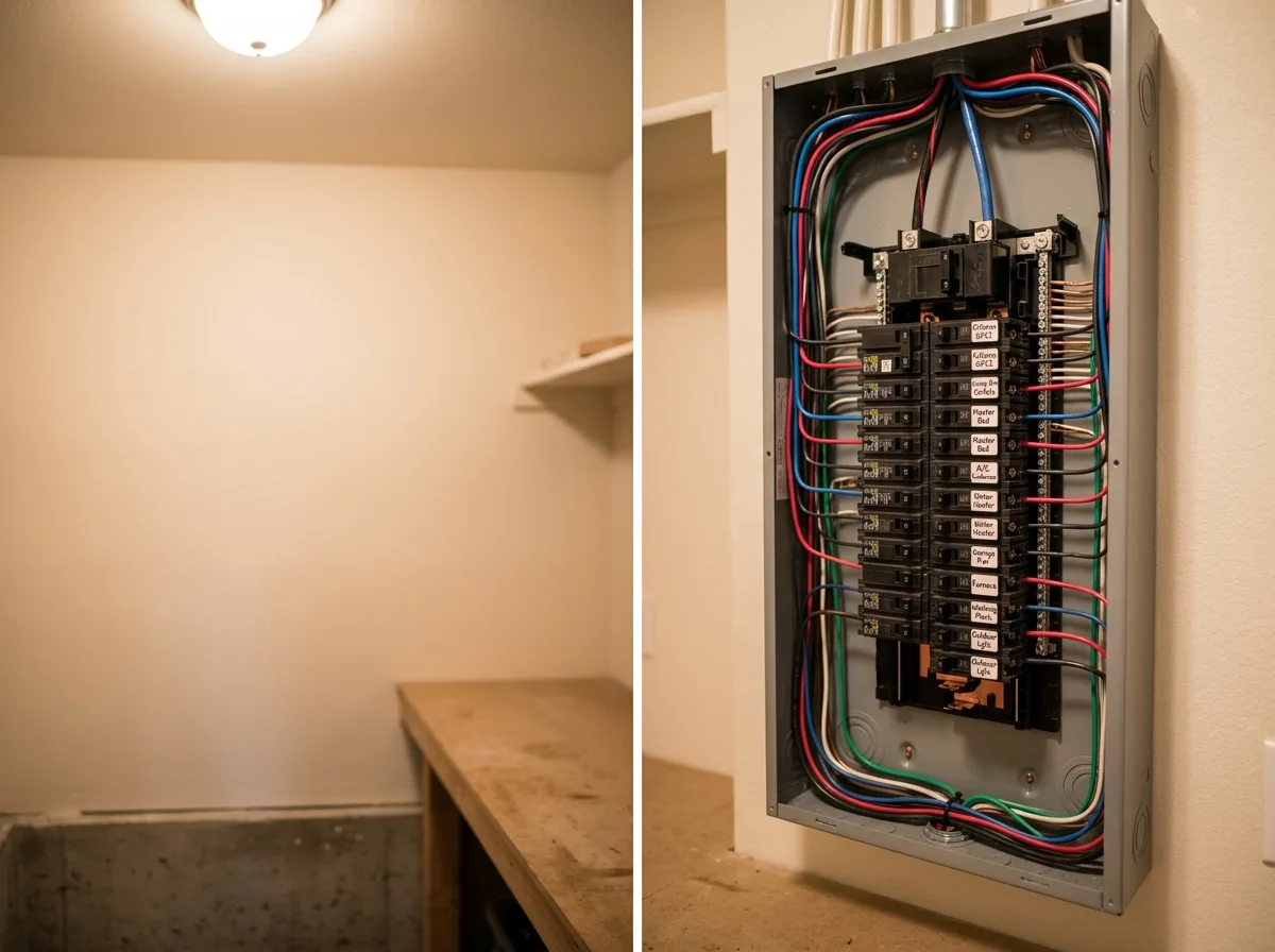 residential electrical panel with neatly dressed wire runs and labeled circuit breakers, warm interior light, clean utility room in a Parker Colorado home
